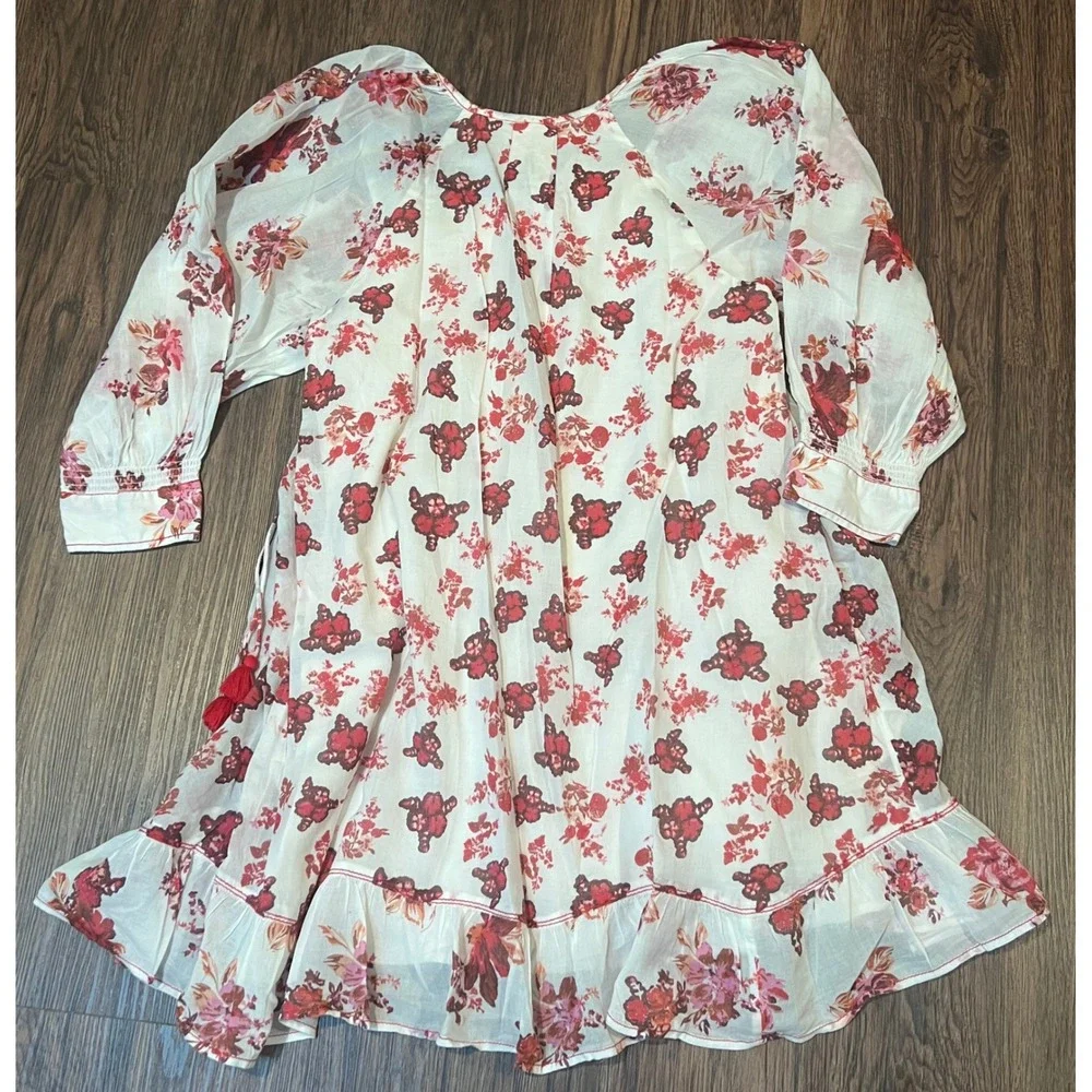 Free People Floral Tassel Mini Dress Pink Red Cotton Gauze XS